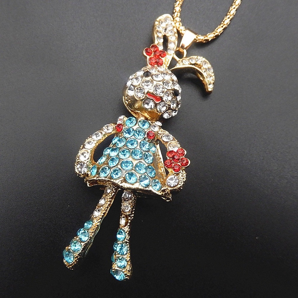 Rabbit Crystal Bunny Pendant Sweater Necklace Long Gold Tone NWT